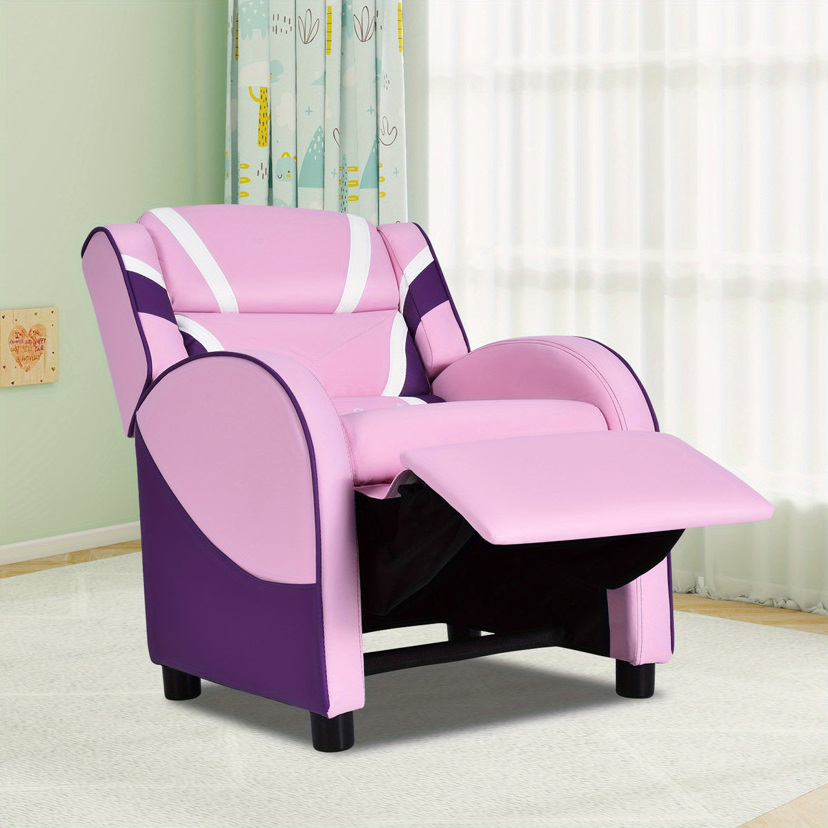 COSTWAY Ergonomic Kids Recliner Chair with Adjustable Backrest (90°-150°) & Storage Pockets, Solid Wood Frame & Faux Leather, Soft Headrest & Armrests, Non-Slip Feet, Modern Pink Armchair for Girls Ages 3-12, Supports 155 l