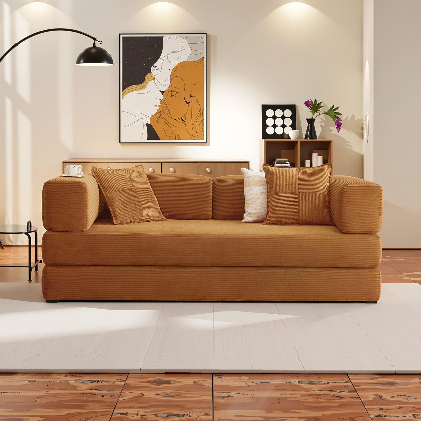 LIAROO Cloud Boneless Convertible Floor Sofa Bed, 4-in-1 Foldable Compressed Loveseat Lounge Sleeper 2 Seater Couches, High-Density Sponge & Corduroy Fabric Futon Daybed for Living Room Bedroom, CompressionSofa In Box, Couche