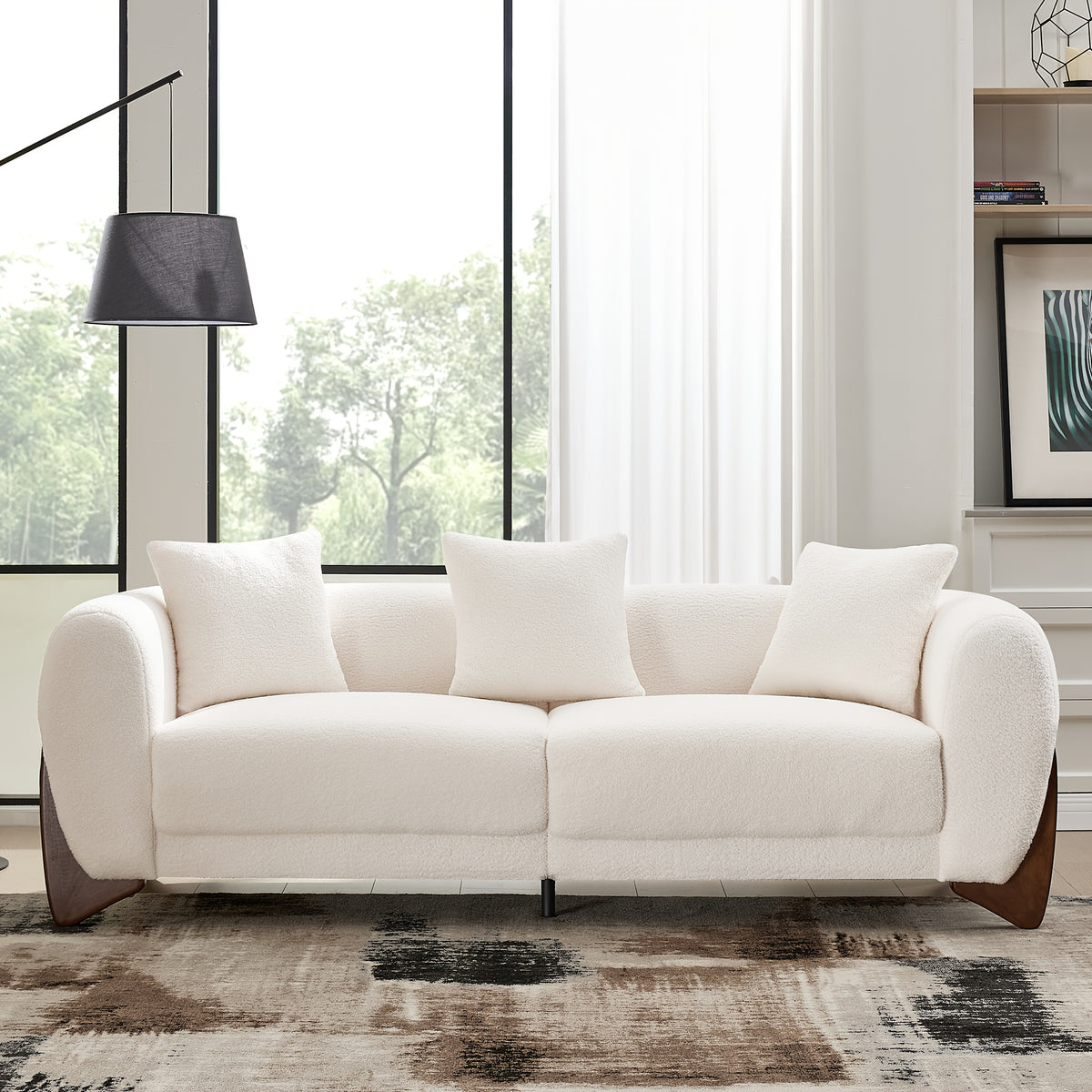 87inch Sherpa Boucle Cloud Couch Modern 3 Seater Sofa with Solid Wood Legs, 25inch Extra Deep Seat, Comfy Thick Cushion Upholstered Sofa Couches with 3 Pillows for Living Room, Green