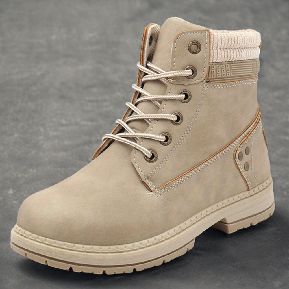 Women's Comfortable High Quality Lace-Up Work Boots - Casual Ankle High, Beige PU Cover with Rubber Sole, Round Toe, Low Heel, Hand Wash Only, Outdoor Footwear