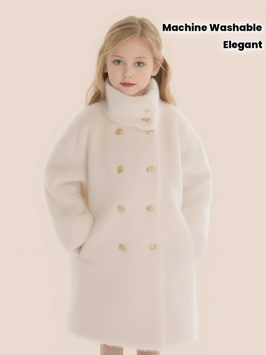 Girls' Fleece Coat, Winter Warm High Collar Jacket with Fleece Lining, Plush Padded Outerwear for Large & Tweed-Like & Party Outfits, Elegant Cold Weather Clothing, Machine Washable