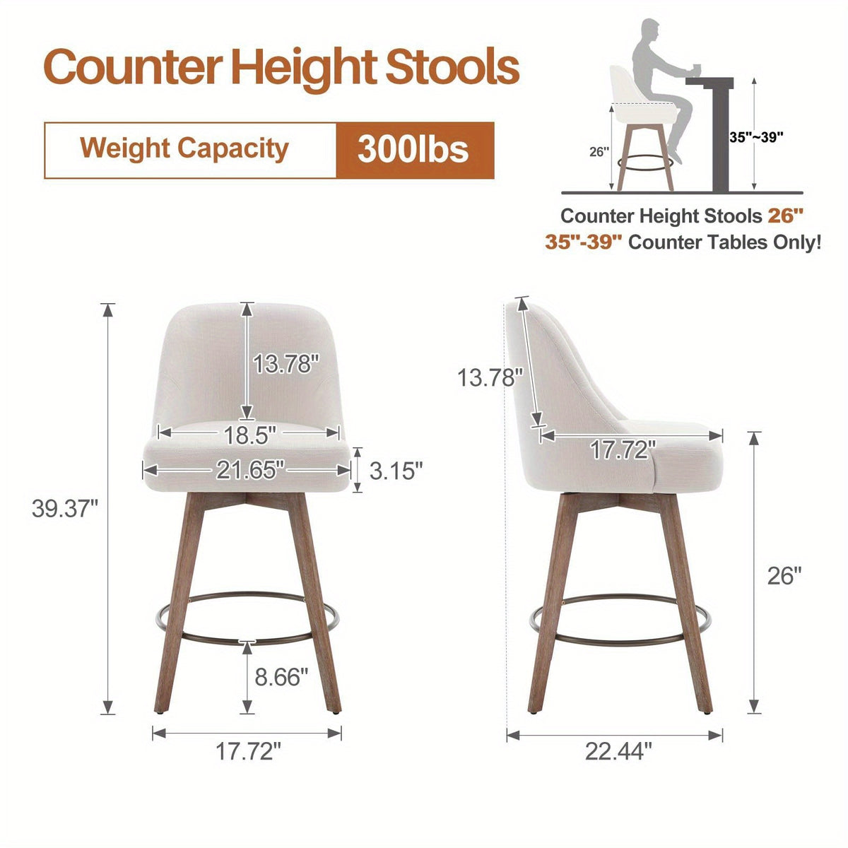 Modern Mid-Century Swivel Counter Height Bar Stools, Set of 3 with Backs, Linen Fabric Upholstered & Sturdy Wood Legs, 360° Swivel Base, 26" Seat Height, Easy Assembly, for Home Bar Dining or Modern Kitchen, Durable H