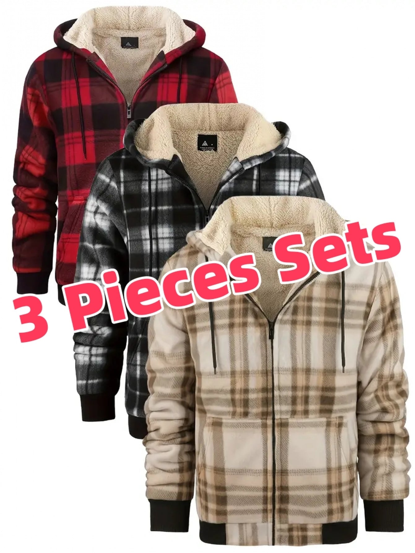 3pcs Sets Flannel Plaid Shirt Jacket for Men Lined Zip Up Hoodies Shirts Jackets, Hoodie, Jacket for Men Plus Size, Hoodies for Women, Plus Size Hoodies for Men, Casual Wear, Seasonal Fashion, Plaid Design, Classic Hoodie, Du