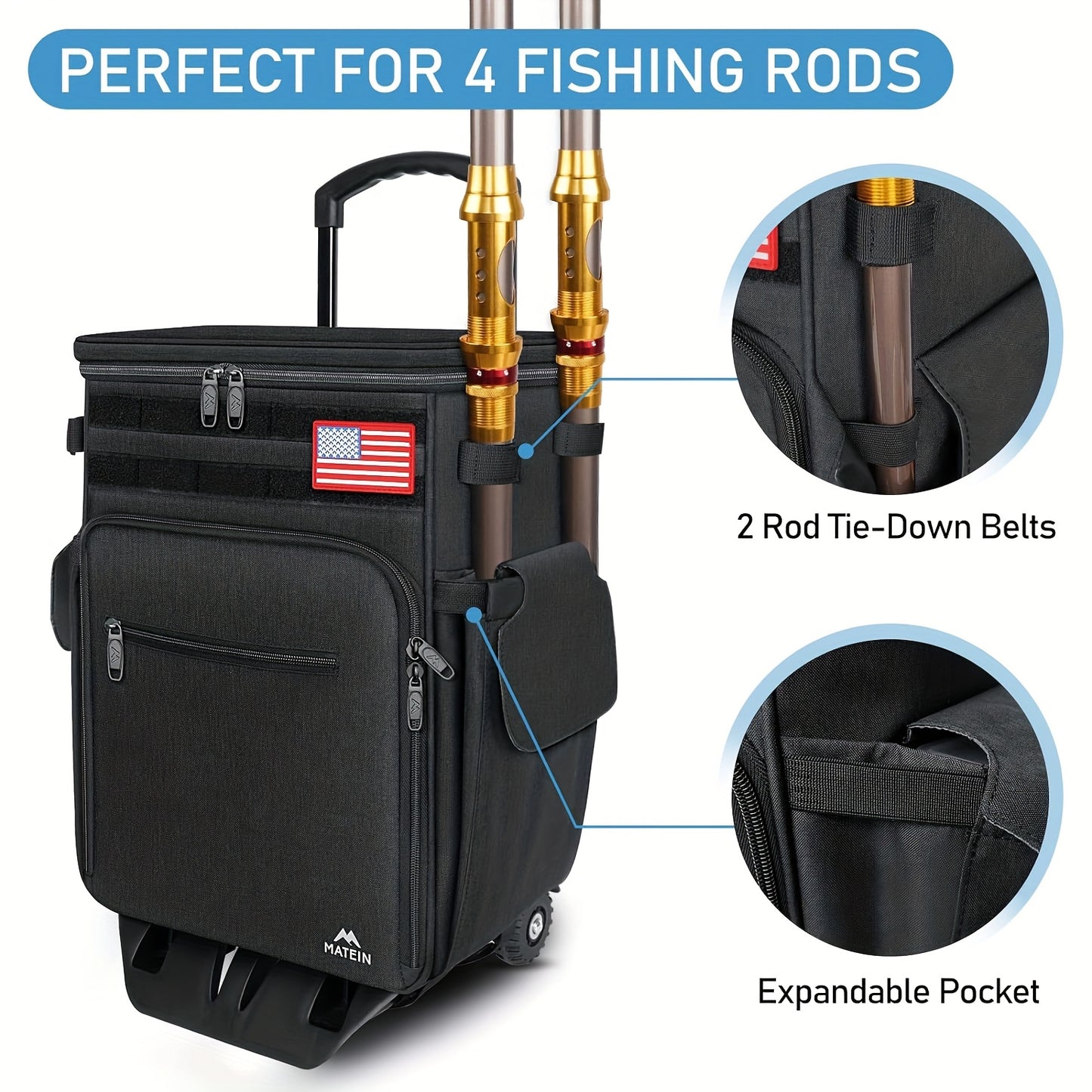 Large Fishing Bag on Wheels Featuring a Rolling Tackle Box with a Cooler, Designed for Five Trays (Trays Not Included). This Saltwater-Resistant Tackle Backpack Includes Rod Holders And a Bottom for Storing Gear, Poles, And L