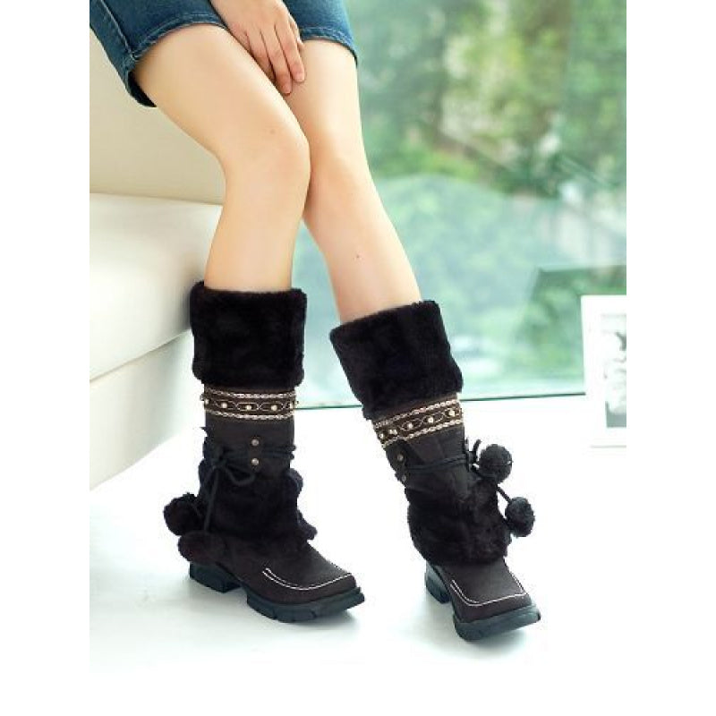 Women'S Winter Warm Fuzzy Ball Lace-Up Snow Boots with Plush faux fur Collar & Non-Slip Rubber Sole - Mid-Calf Round Toe PVC Upper Boots for Cold Weather, Cozy Casual & Semi-Formal Outfits () - Durable & Easy-Clean Design