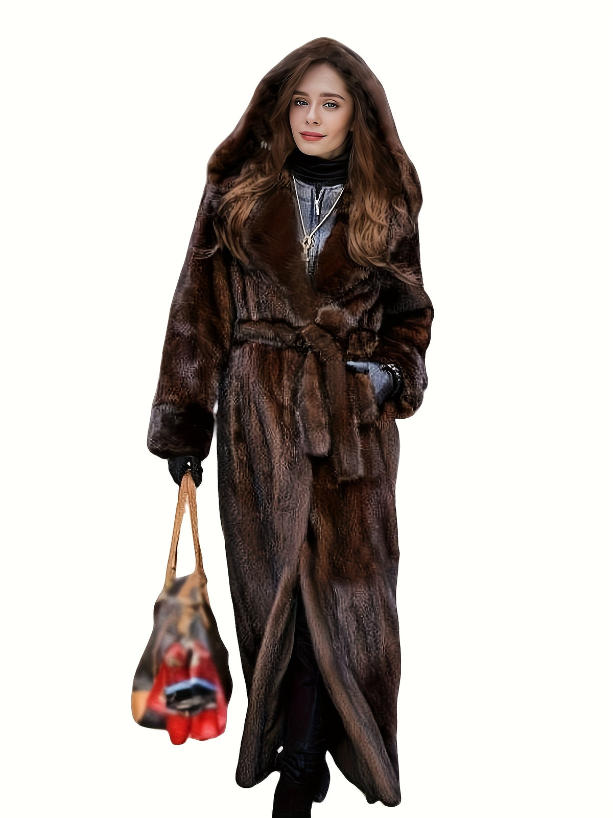 Elegant Women'S Faux Fur Coat - Fashionable & Casual Long-Sleeved Hooded Faux Mink Coat In Coffee Brown, Featuring Single Breasted Closure, Removable Belt, Regular Sleeves, Minimalist, Elegant, Stylish & Personalized, Suitabl