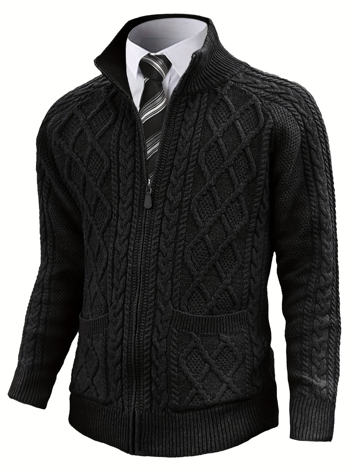 Men'S Cardigan, Solid Color Cable Knit Full Zip Sweater, Perfect for Daily Casual Wear, Warm for Autumn And Winter, a Great Gift for Friends