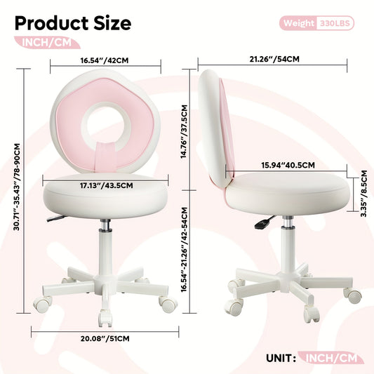 Girly Vanity Chair With Lumbar Support - Glossy Faux Leather Adjustable Stool For Bedroom, Living Room, Dressing Table, Home Office, Perfect Gift For Thanksgiving And Christmas, White Elephant Gifts