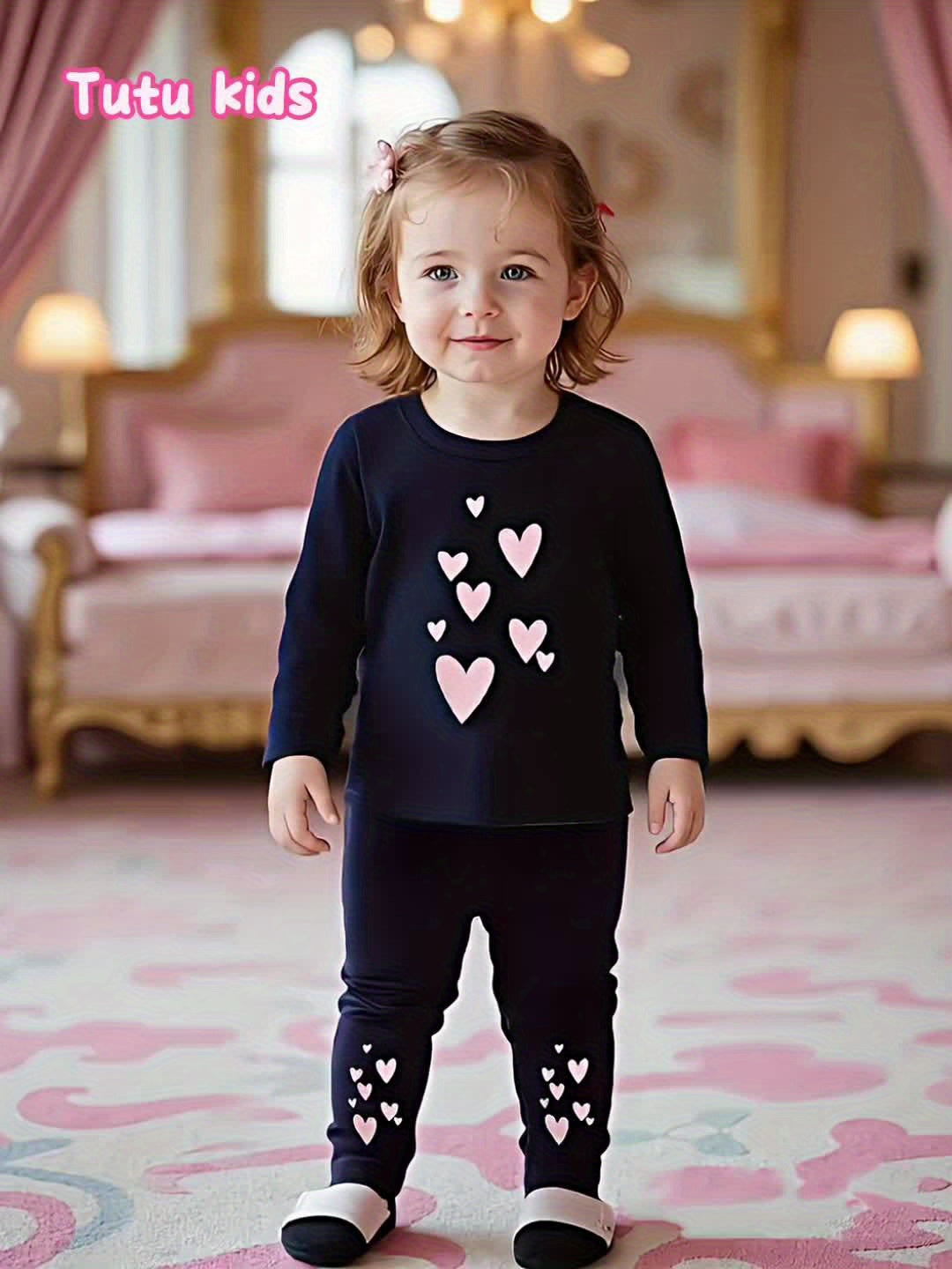 10pcs Baby Girls' Casual Long Sleeve & Pants Set - Cute & Heart Print, Soft Stretchy Fabric, Loose Fit, Spring/Fall Outdoor Playwear, Perfect for Daily Wear, for Outdoor