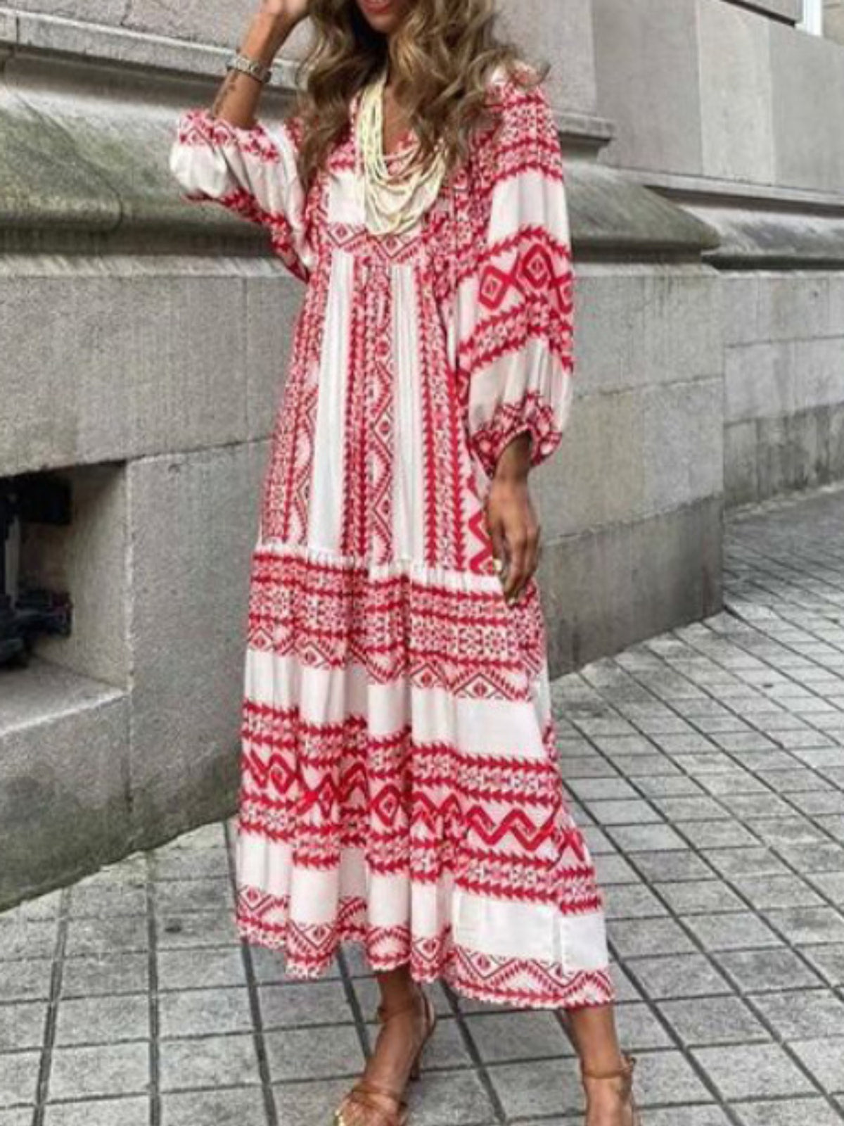 Autumn Geometric Patchwork Dress - Long Puff Sleeve Maxi Dress, Solid Color Casual Elegant Pencil Dress for Fall Wedding Guest or Casual Attire