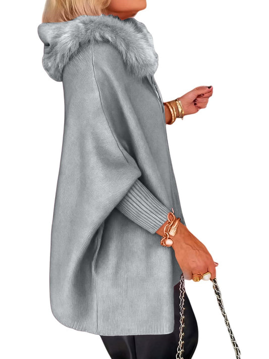 Women'S Winter Poncho Cape | Casual Jacket Shawl Wrap Stole Cardigan Lightweight Long Sleeve Cloak | Elegant Hooded Style, Solid Color, Zipper Detail, Non-Stretch Fabric, Regular Fit - SCACCTO