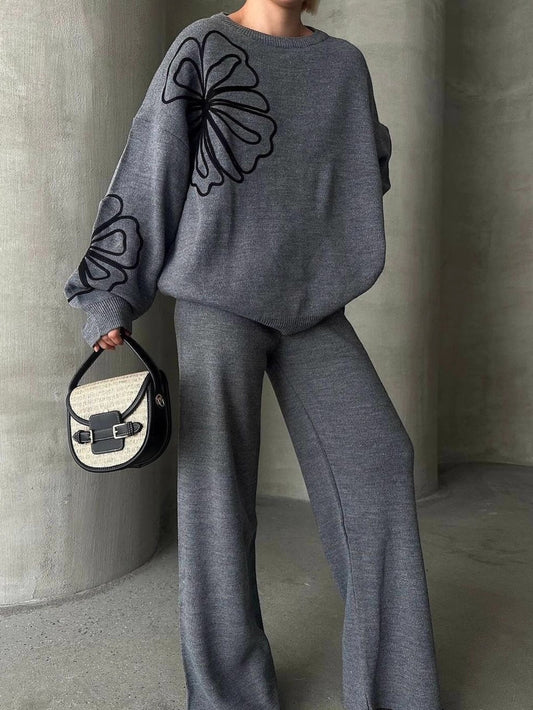 Women'S Elegant Round-Neck Sweater & Wide-Leg Pants Two-Piece Set - Soft Hand Feel, Loose Fit, Long Sleeve, Solid Color, Casual Jacket & Skirt Combo