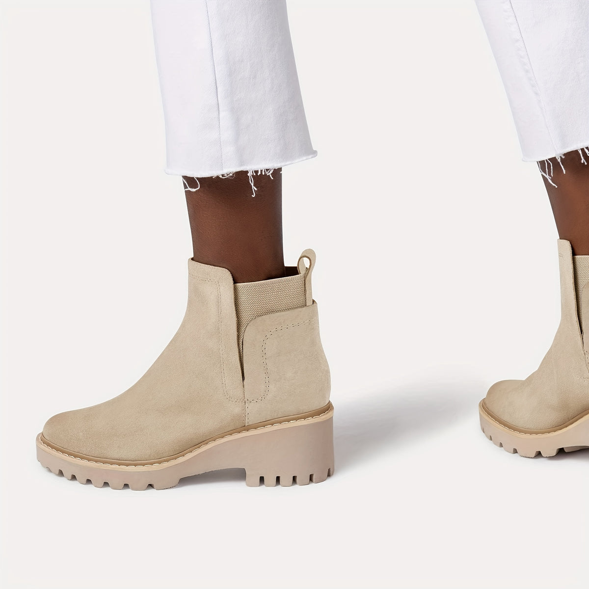 Women's Chunky Heel Boots - Slip-On Ankle High, Non-Slip Cover Cover, Thick Sole, Round Toe, Beige, Fashionable Short Boots for Casual Attire, Semiformal Boots | Modern Boots | Suedelike Boots