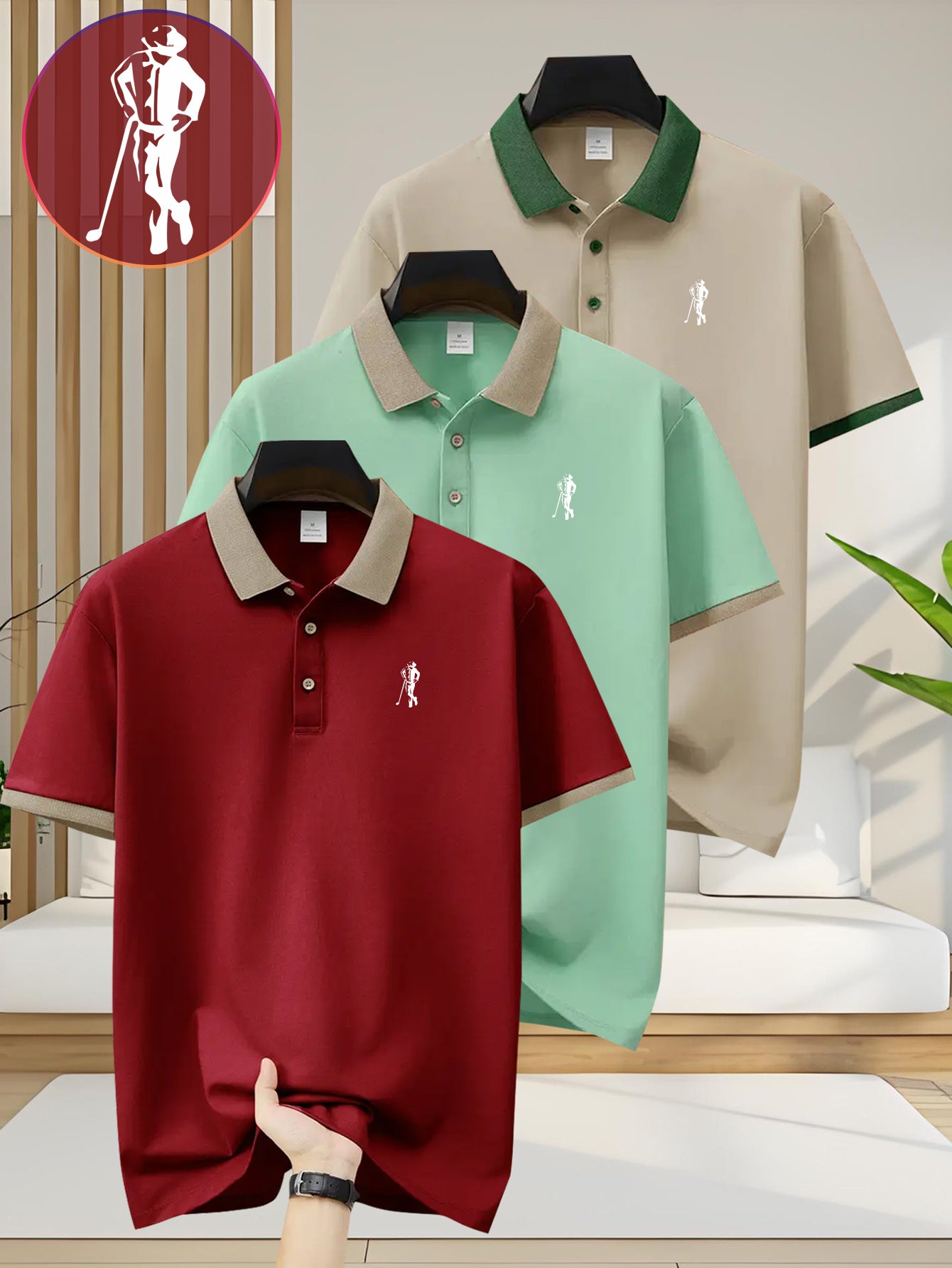 [Ideal Christmas Gift] A Trendy Three-Piece Set of Men's Polo Shirts, Perfect for Casual Wear And Golf, Featuring Print Patterns, a Collared Design, Short Sleeves, Buttoned Neck, And Breathable Fabric, Making It an Ideal Chri