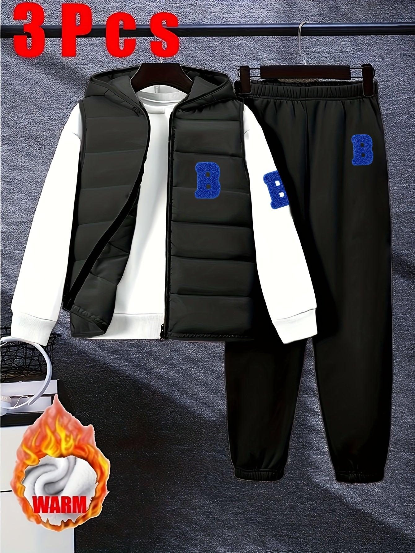 Boys' Autumn and Winter Black Set - 8-12Y Warm 3pcs Outfit (Fleece Vest + Sweatshirt + Pants), Casual Style, for Outdoor