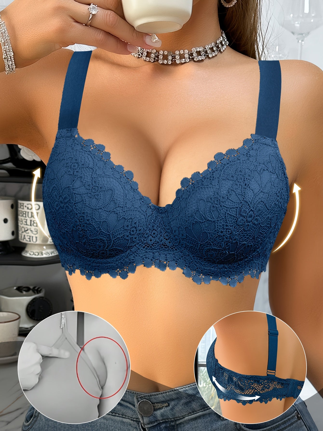4pcs Women'S Floral Lace Bustier Bra Set - Wide Strap Support, Underwire Cup Design, Non-Removable Pads, Elegant Elegant Style for Casual Attire, Comfortable Undergarment | Floral Lace Design | Nonremovable Pads, Bra Bustier