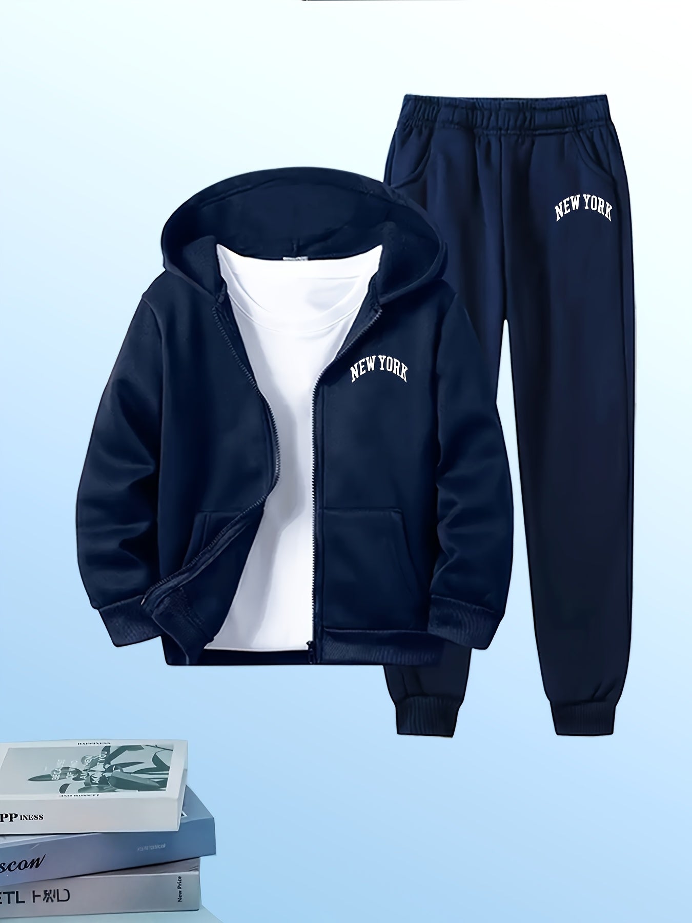 [ 6pcs Set ] Autumn New Men'S Hooded Sweatshirt Set, Both Sweatshirt And Sweatpants Are Printed with The Words "NEW YORK", Highlighting The Urban Trend. Regular Version, Machine Washable, Suitable for Daily Leisure And Outdoo