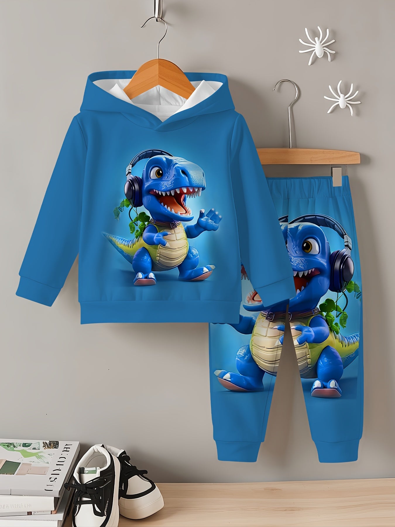 Hooded sweatshirt set for boys and children, cute cartoon dinosaur print, casual and comfortable set for autumn and winter, Perfect for Outdoor