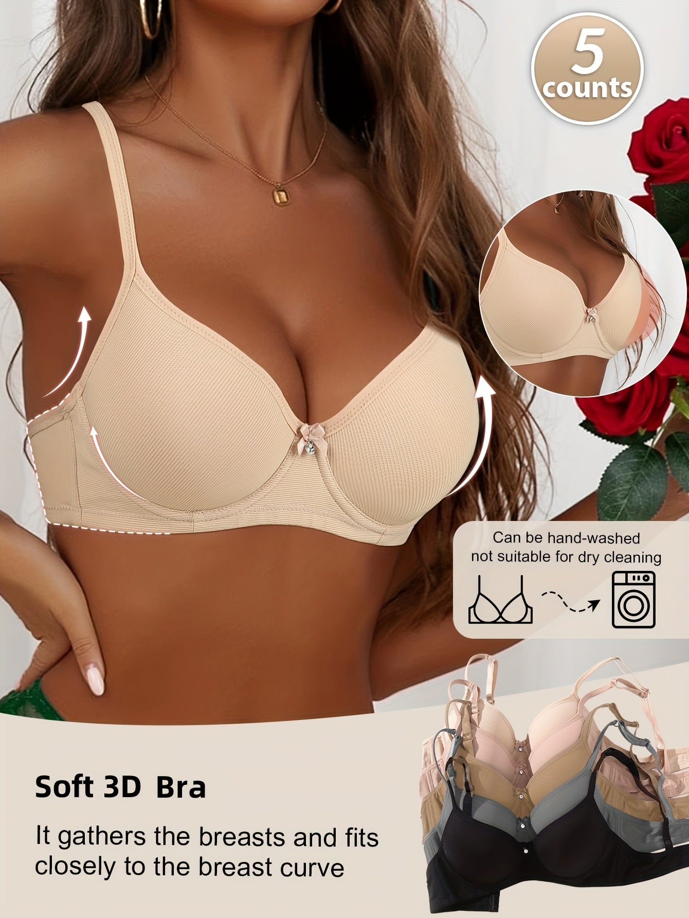 5pcs Women's Autumn/winter Smooth Seamless Push-up Bra, Makes Small Breasts Appear Larger/ Prevents Sagging In Medium Breasts, Adjustable Thin Shoulder Straps, Comfortable Soft Underwire Bra for Daily Commutes (5 Colors, One-