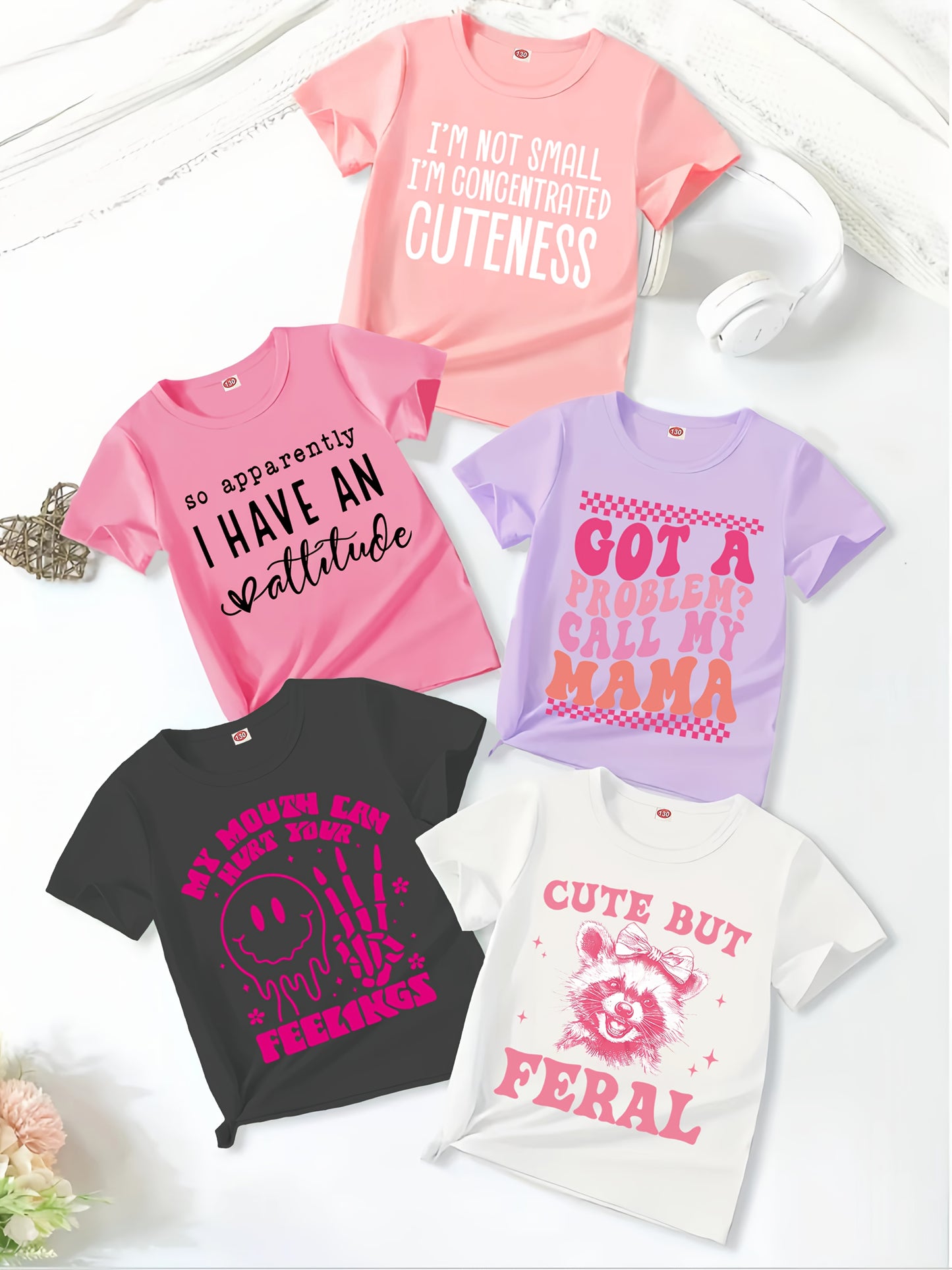 [Fun Letter Print T-Shirt] 5pcs Girls' Comfortable Polyester Short Sleeved T-Shirt | Fashionable Casual Summer Top with Fun Letter Pattern Print