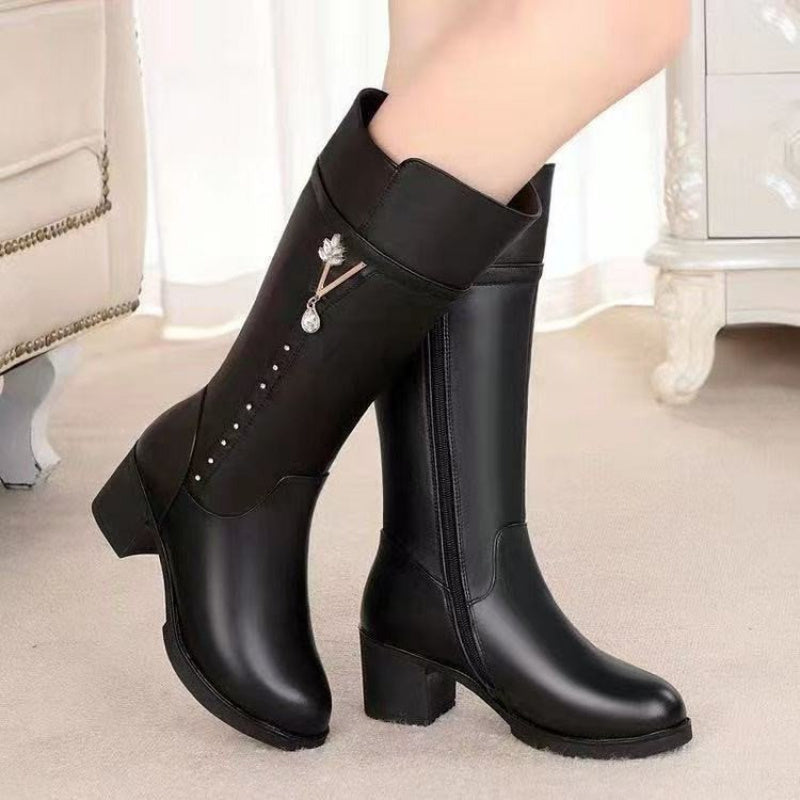 Women'S Winter Warm Mid-Calf Boots with Plush & Floral Pendant - Chunky Heel Round Toe PU Cover Upper, Zipper Closure, Cushioned EVA Insole & Non-Slip Rubber Sole - Elegant Cold-Weather Boots for Casual & Formal Outfits () -