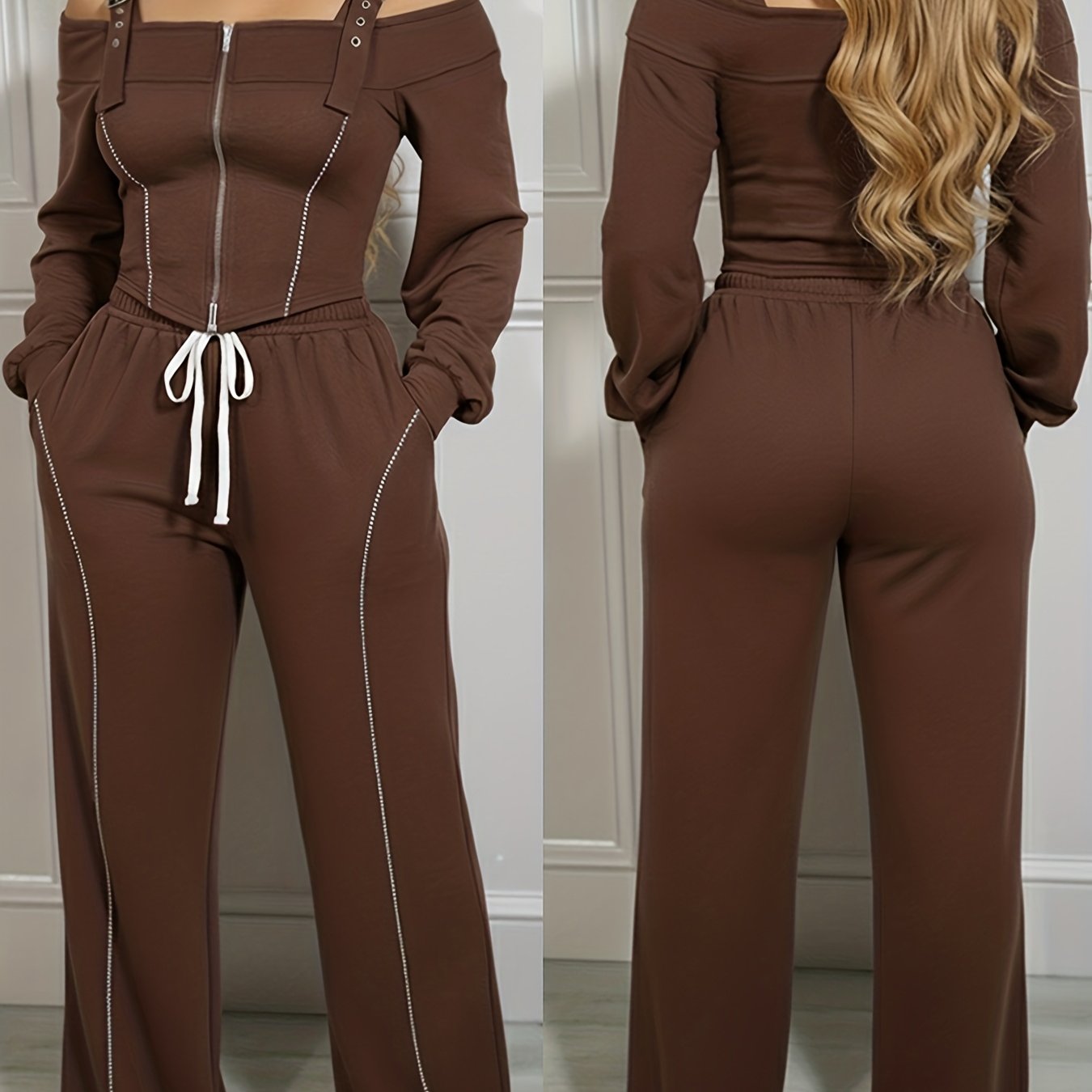 2pcs Outfit Trendy Long Sleeve Cold Shoulder Top And Drawstring Waist Pants with Pockets