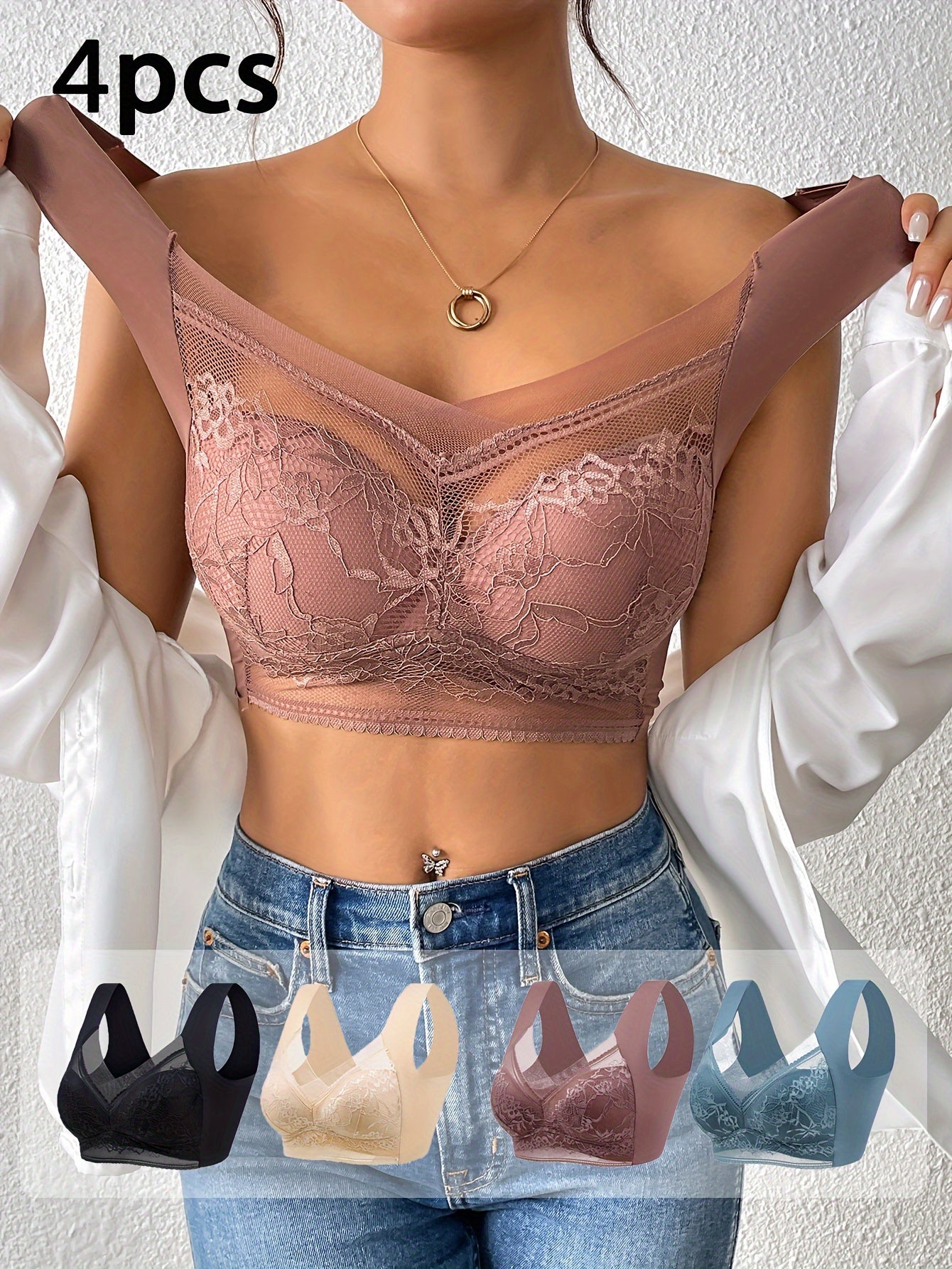 [4pcs Lace Bra] 4pcs Mixed Color Women's Lace Underwear | Daily Bra, No Steel Ring
