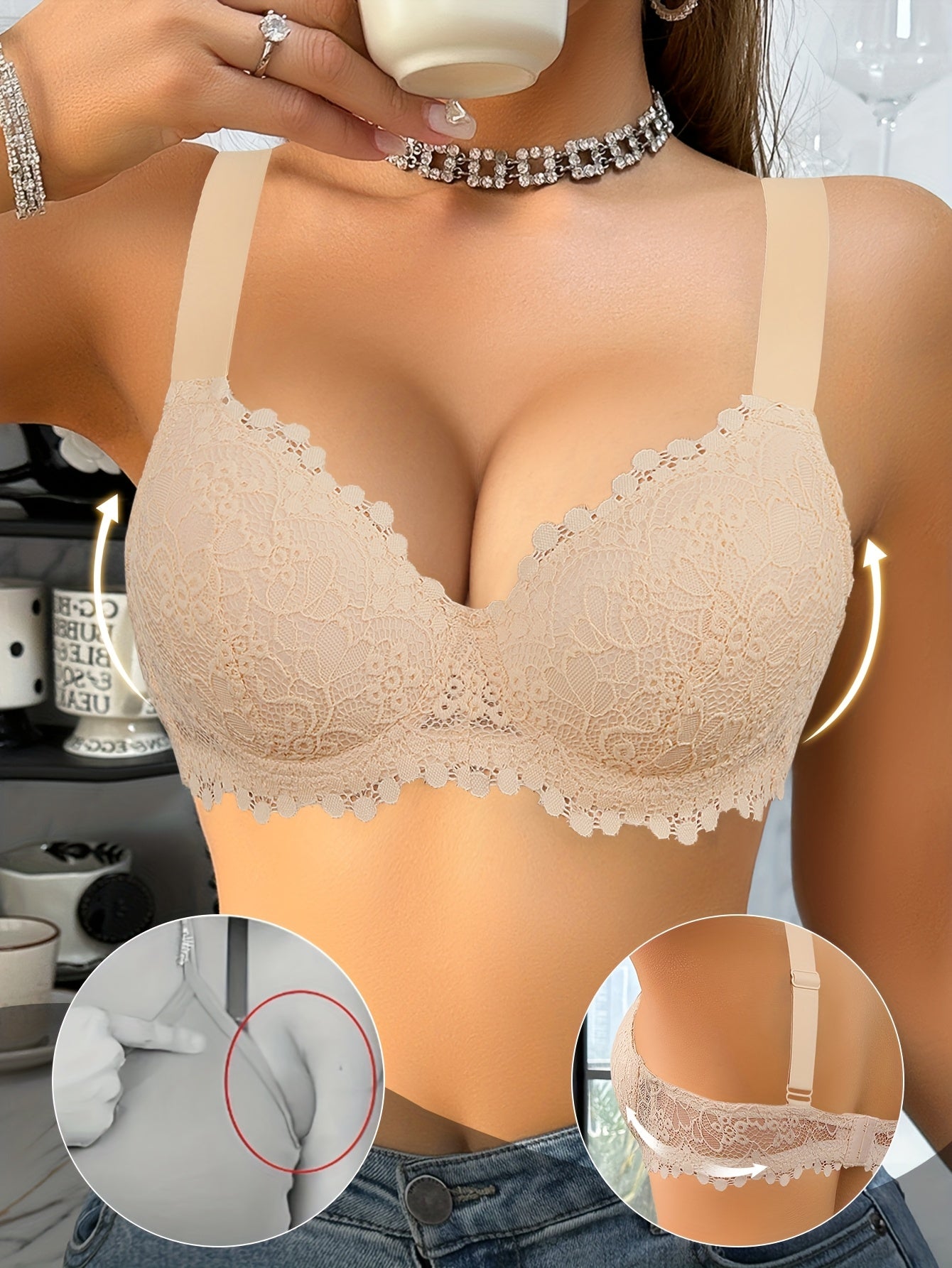 4pcs Women'S Floral Lace Bustier Bra Set - Wide Strap Support, Underwire Cup Design, Non-Removable Pads, Elegant Elegant Style for Casual Attire, Comfortable Undergarment | Floral Lace Design | Nonremovable Pads, Bra Bustier