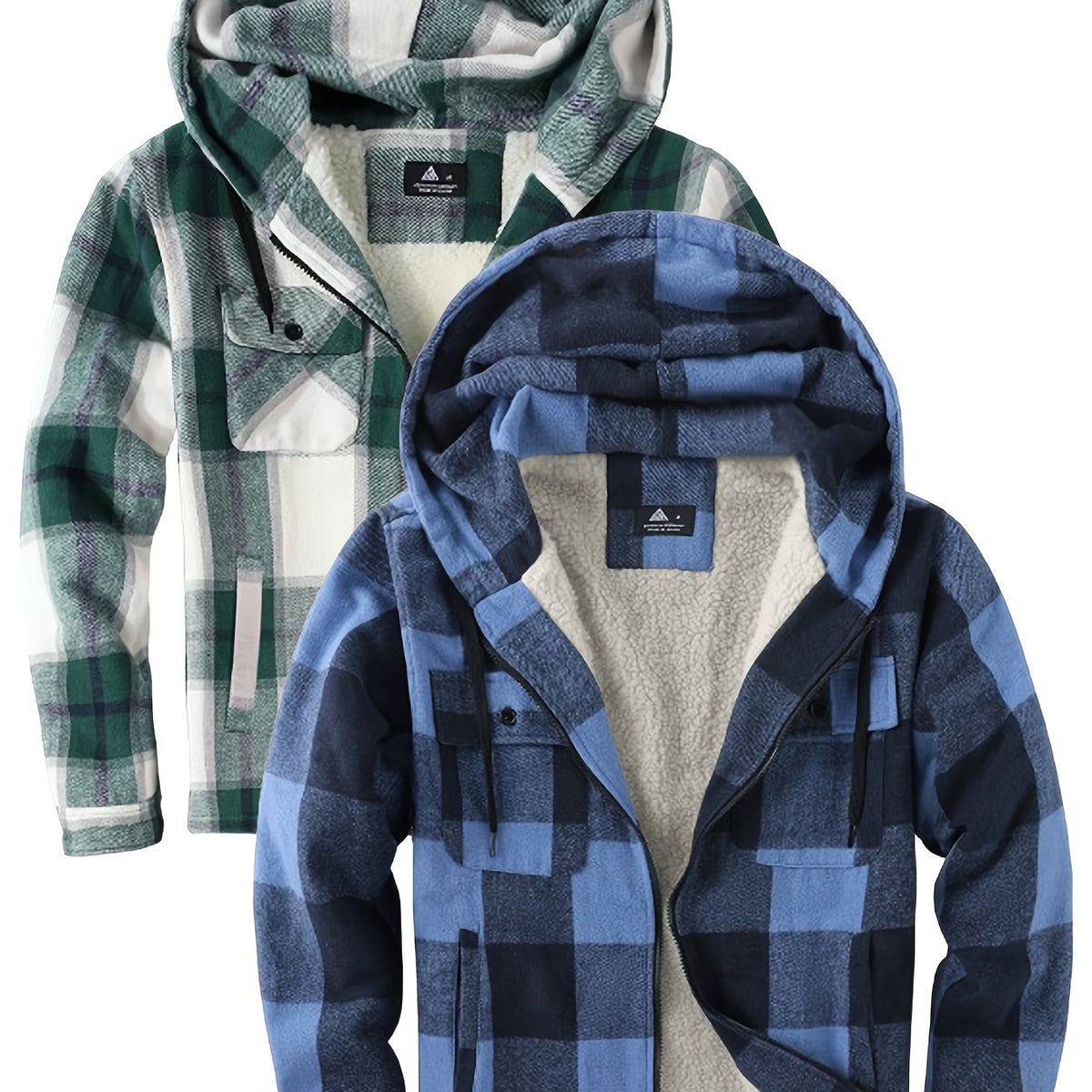 2pcs Men's Heavy Duty Sweater Hooded Jacket - Fully Zipped Thick Snow Mountain Lined Flannel Plaid Shirt with Pockets, Casual Style, Perfect for Fall And Winter, Hooded Collar, Regular Fit, Plaid Pattern, Men's Jacket, Cold W