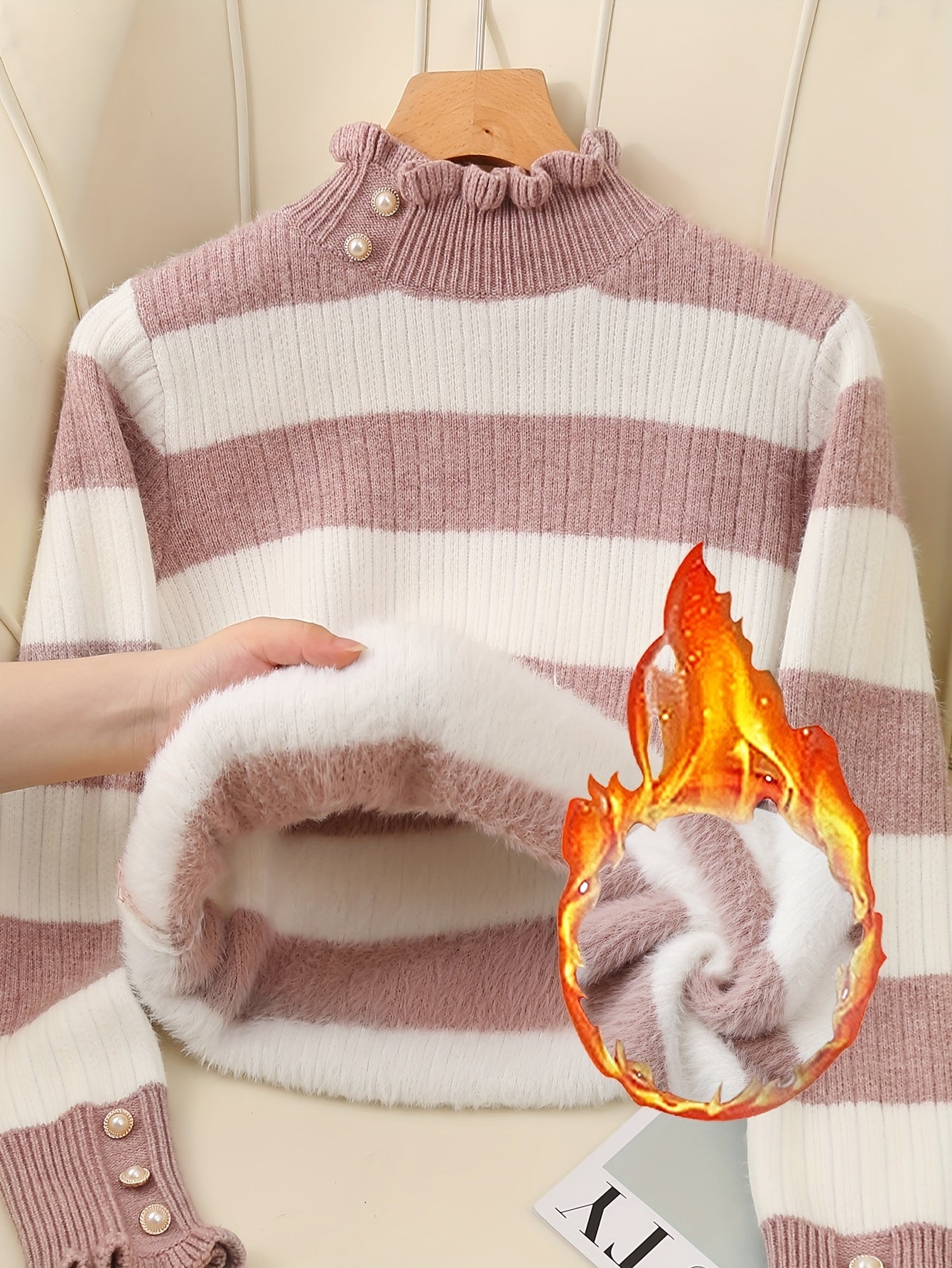 [Fleece Lined Sweater] Women's Cozy Red & White Striped Sweater with Button Detail - Warm Fleece-Lined Crew Neck, Casual Long Sleeve Pullover for Fall & Winter, Winter Clothing | Button Detail Sweater | Fleece Lined Sweater