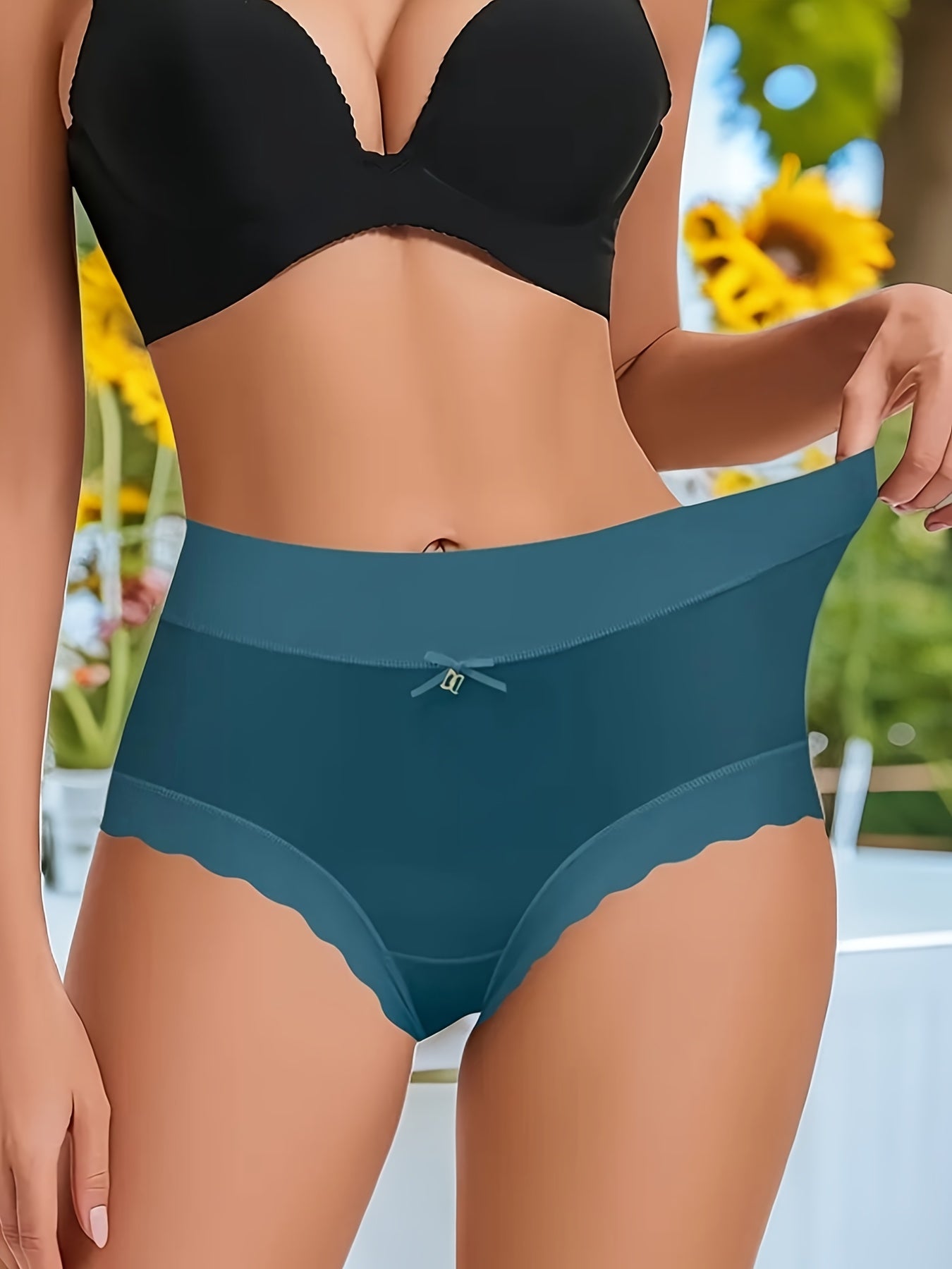 7pcs Women's Elegant High-Waisted Sheer Solid & Multi-Color Triangle Underwear - Soft Comfortable Full-Coverage Full- Opaque Panties with Bow Detail, Beige-Friendly Everyday & Special Occasion Panties (Black, Navy, Brown, Pin