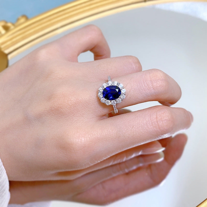 Ladies' Fashion Jewelry, Classic Artificial Sapphire Oval 7 * 9 Ring, Light Luxury Design, Elegant, Atmospheric, Trendy and Simple Ring, High Quality Jewelry for Women, Jewelry for Women High Quality Rings, Sapphire Jewelry f
