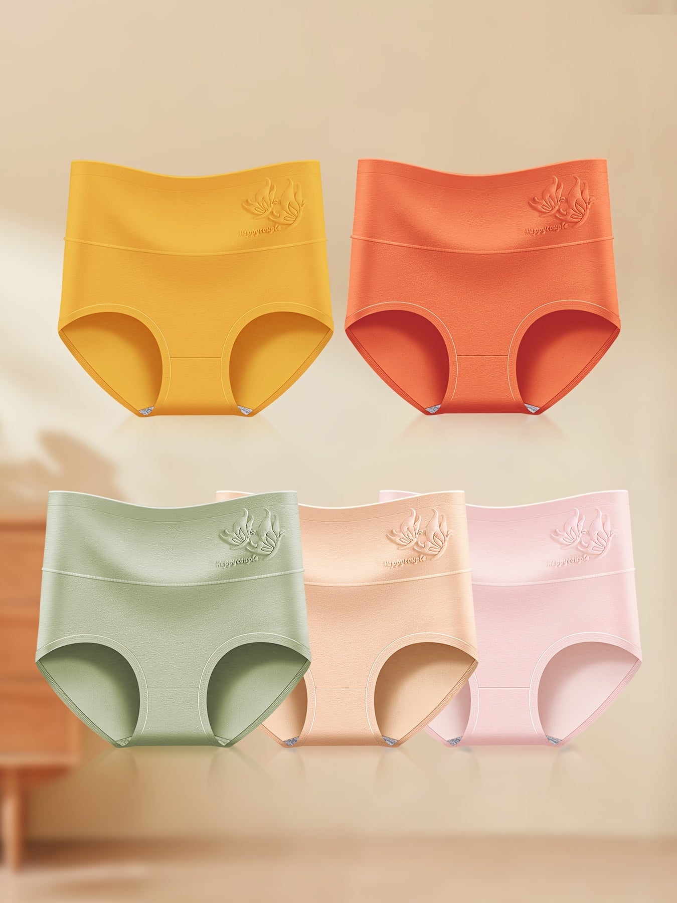 10pcs Women's Elegant High-Waisted Panties - Soft Breathable Underwear with Butterfly Pattern & Subtle Floral Motifs, Moderate Support, 10 Vibrant Colors (Beige, Light Pink, Mint Green, Orange, Red, White, Yellow, Navy Blue,
