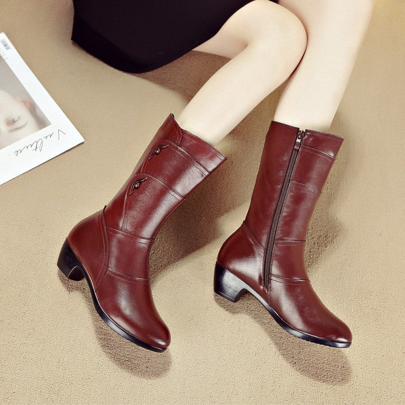 Women's Cover Low-Heel Round-Toe Mid-Calf Boots - British Retro Chunky Heel Zipper Closure, Soft-Soled Traction Rubber Sole, Top-Grain Cowhide (Full-Color) Casual Winter Boots for Jeans & Dresses, Hand Washable (No Dryer)