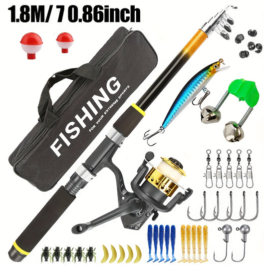 Complete Fishing Kit Including a Telescopic Rod, Hard And Soft Baits, And a Reel, Ideal for Beginners