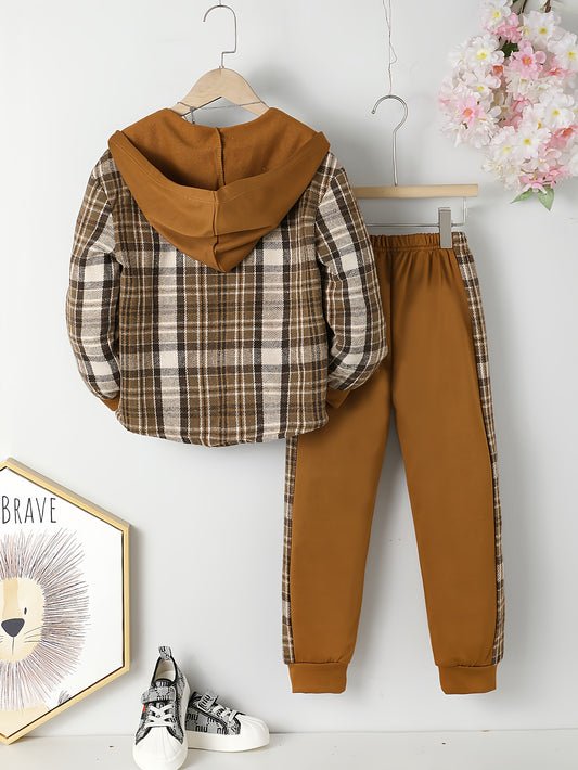 2pcs Boys' Brown/Beige Plaid Oversized Coat & Jogger Set - Winter Warm Casual Outfit with Checkered Pattern, Button Closure & Elastic Waist, Cozy Tweed Jacket and Matching Pants for Casual Attire, School, Outdoor Activities (