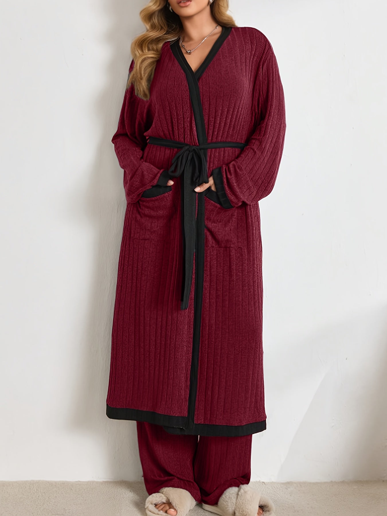 [Three-Piece Loungewear Set] New Autumn And Winter Fashion Warm Solid Color Ribbed Loungewear Set With Sleeveless V-Neck Tank Top + Straight Elastic Waistband Long Pants + Long Sleeve Color-Blocked Cardigan With Side Pockets