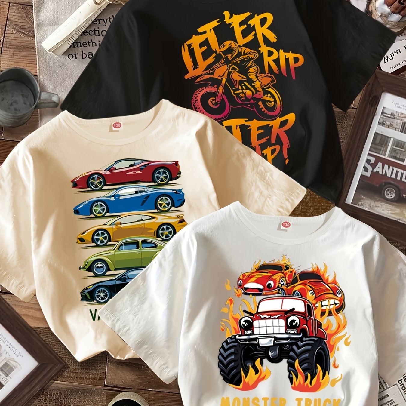 Three-piece boys' fashionable retro short-sleeved T-shirt, a comfortable polyester casual summer top with cute racing and truck letter pattern prints, suitable for daily wear and outdoor use