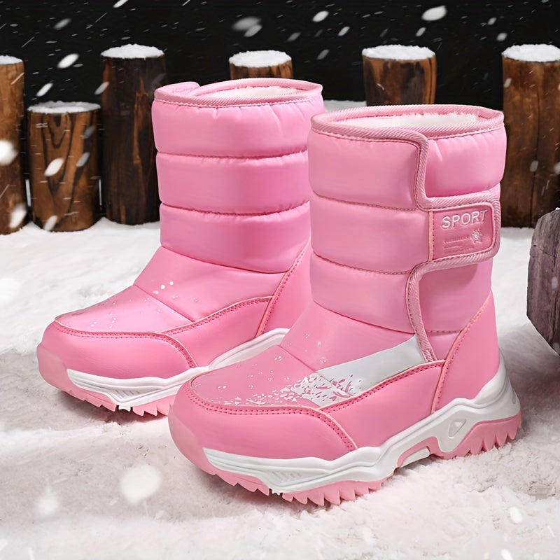 One Pair of Mid-Calf Plush Snow Boots, Simple Fashionable Magic Tape, Warm Snow Boots for Playing in the Snow, Outdoor Casual Wear, Available in Three Colors Purple, Black, Pink, Suitable for Different Personalities Girls, Ca