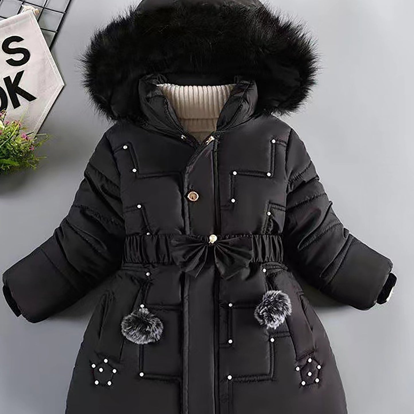 Girls' European & American Style Winter Coat - Thickened Warm Full-Zip Hooded Jacket with Full-Zip Closure, Windproof &, Winter Clothes For Girls