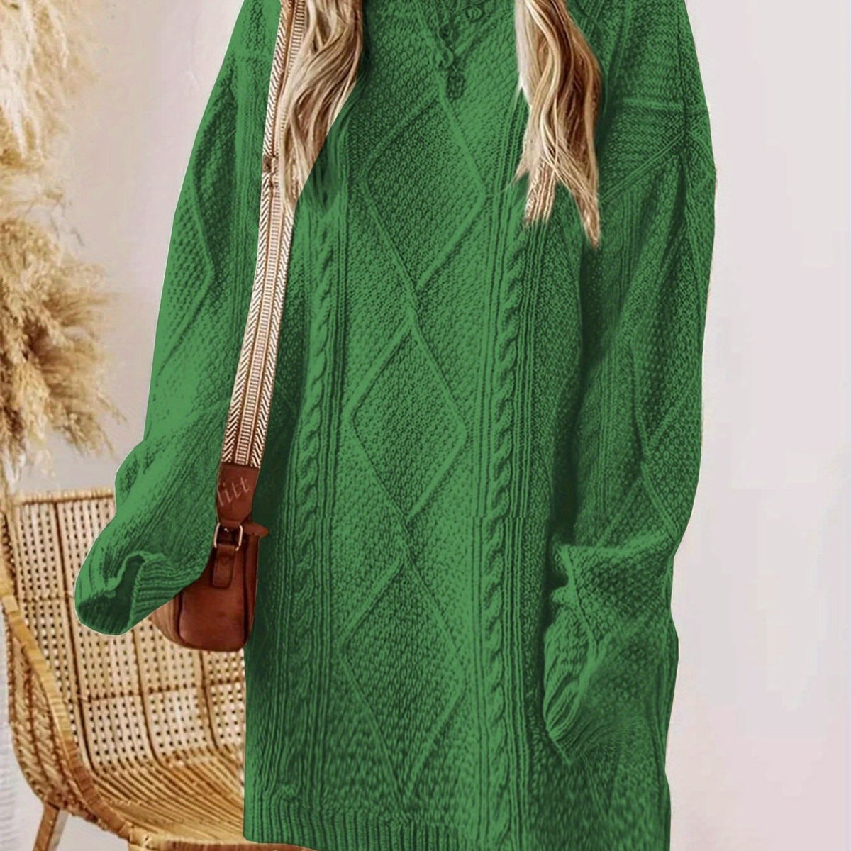 Plus Size, Beige Cable Sweater Dress - Oversized Slouchy Mid-Length Dress with Drop Shoulder, Cozy Winter Dress for Fall/Winter, Beige Cable Pattern Pullover, Elegant Casual to Dressy Wear