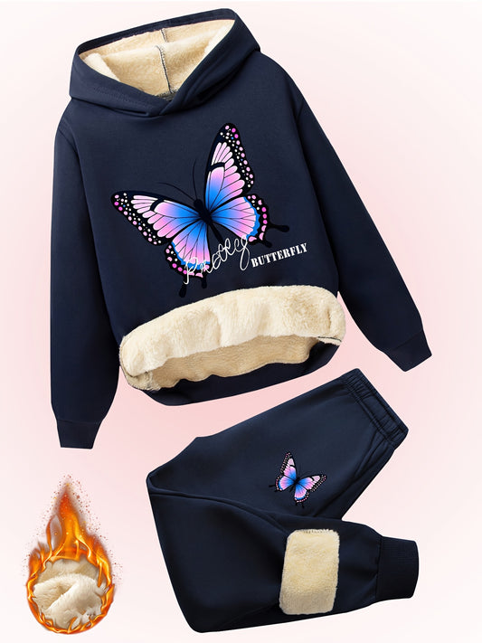 2pcs Girls' Butterfly Print Fashionable Versatile Hoodie + Pants Set, Winter Plush Lined Warm Comfort Casual Outfit for Daily and Outdoor Activities, Perfect for Outdoor