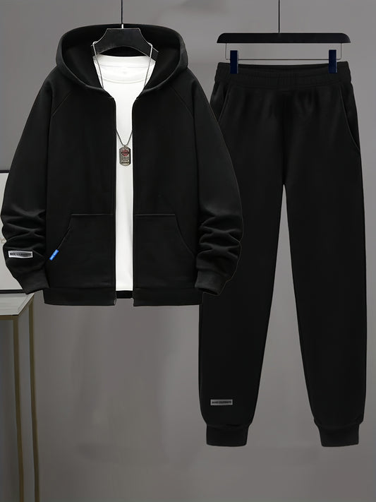 [Thickened Warm Fleece] 2pcs Set Thickened Warm Fleece Hooded Zip-Up Jacket & Pants | Heavy-Duty Winter Coat with Pockets, Regular Fit Casual Outdoor Sports Wear, for Outdoor, Travel, School, Parties - Ideal Birthday Christma