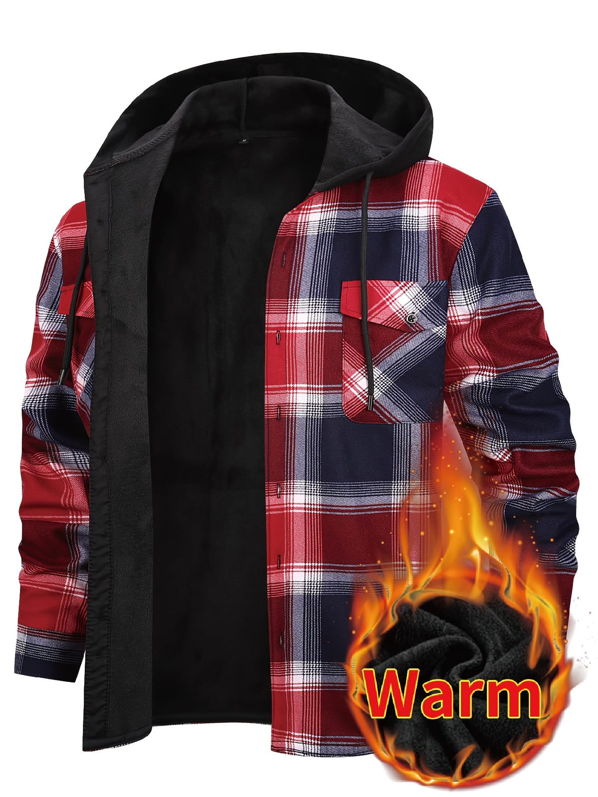 Men's Winter Plush-Themed Hooded Shirt Jacket - Thickened Button-Front Outdoor Coat with Pockets, Loose Fit Casual Blazer (Hand Washable, Fall/Winter) | European/Emerican Sizing for Cold Weather Layering