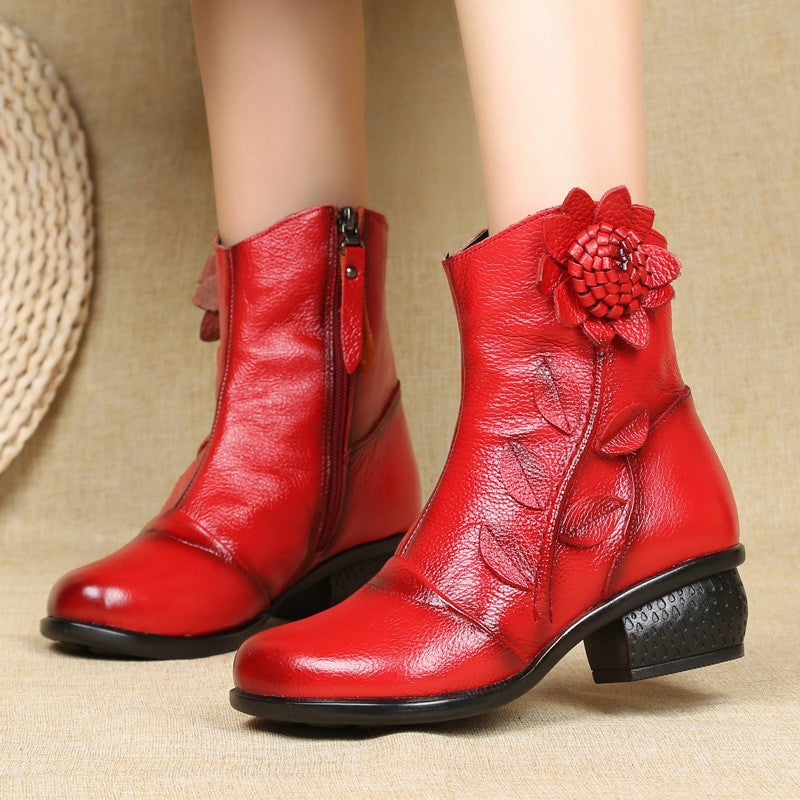 Women'S Genuine Leather Ankle Boots with faux fur - Vintage Bohemian Round Toe Mid-Heel Chunky Heel, Zipper Closure, Plush & Rubber Sole - Warm Winter Boots for