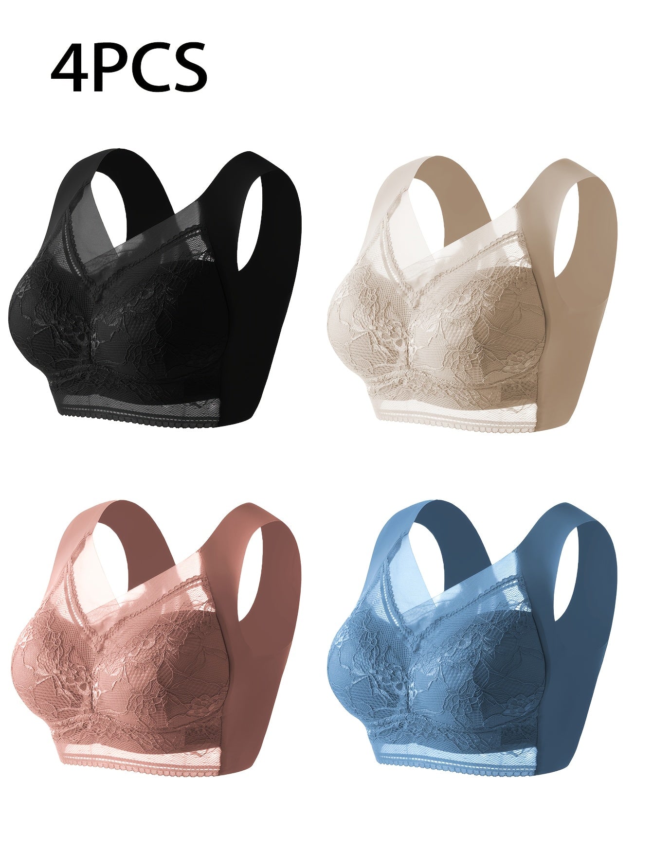 [4pcs Lace Bra] 4pcs Mixed Color Women's Lace Underwear | Daily Bra, No Steel Ring