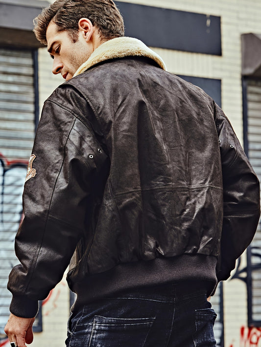 HERTALK Men'S Pilot Jacket, Detachable Artificial Fur Collar