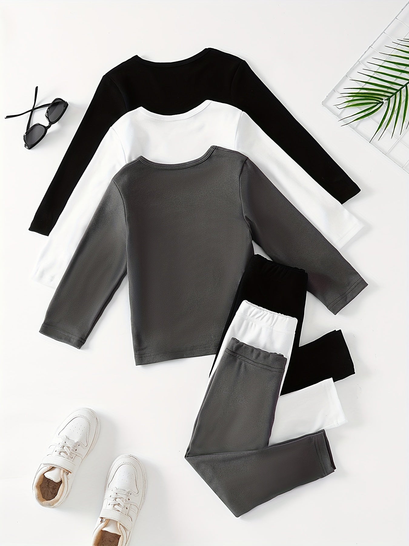 Gray 1pc Fleece Thermal Long Sleeve T-Shirt and Solid Color Pants Set for Kids