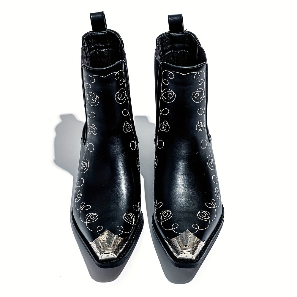 Men's Slip-On Iron-Toed Cowboy Boots with Imitation Leopard Print & Elastic Band - Low Heel Western Chelsea Boots, Pointed Toe & Round Sole for Weddings, Parties, Business - All-Season Comfortable Booties