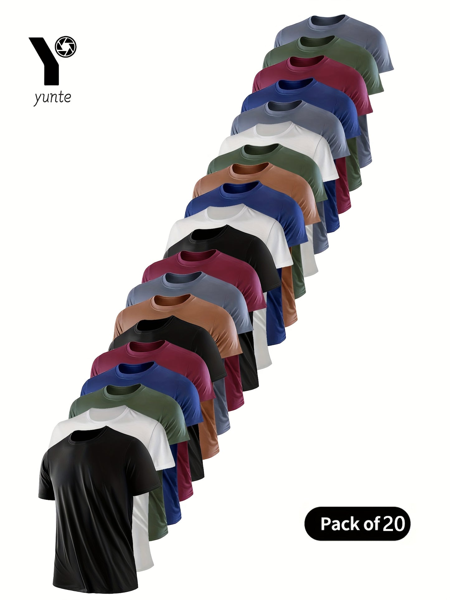 20pcs Black-White-Army-Green-Tan Red-Black-Card-Gray-Red-Black-White-Tan-Card-Army-White-Gray-Tan-Red-Army Mixed Color, Ultra-Light Men's Crew Neck T-Shirt - Quick-Drying, Breathable, Sweat-Wicking Shirt, Suitable for Fitness